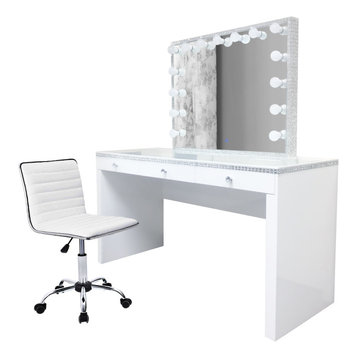 Glam-crystal Vanity Set With LED Mirror and Dimmer, White