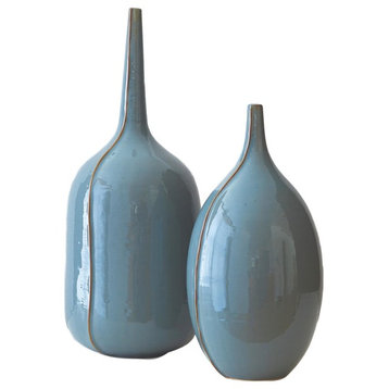 Luxe Mid Century Modern Blue Seam Vase Set 2, Bottle Ceramic Gourd Aqua Brown