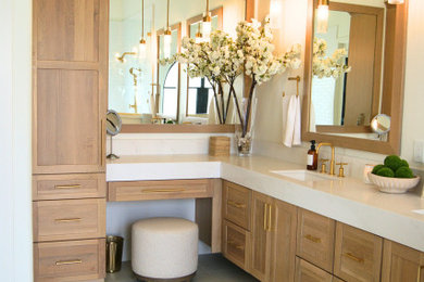 Inspiration for a large contemporary master double-sink bathroom remodel in Phoenix with shaker cabinets, medium tone wood cabinets, quartz countertops, white countertops and a floating vanity