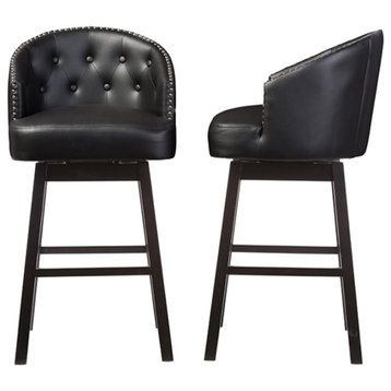 Avril Faux Leather Tufted Swivel Barstool With Nail Heads Trim, Set of 2, Black