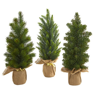 15" Mini Cypress and Pine Artificial Tree, 3-Piece Set