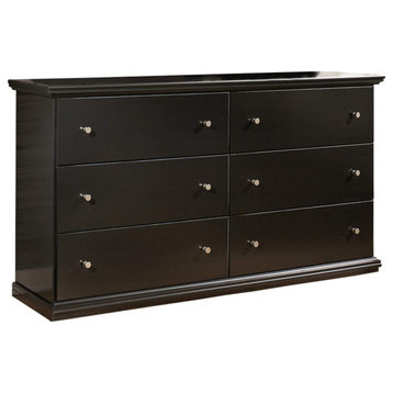 Classic Double Dresser, 6 Storage Drawers With Cylindrical Knobs, Black Finish