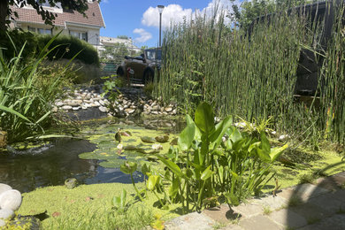 Inspiration pour un xéropaysage avant rustique de taille moyenne et l'été avec un bassin, une exposition partiellement ombragée, des galets de rivière et une clôture en pierre.