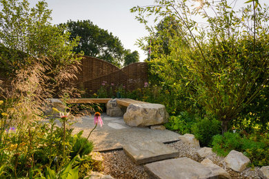 This is an example of a contemporary back xeriscape full sun garden in Other with decorative stones and a wood fence.