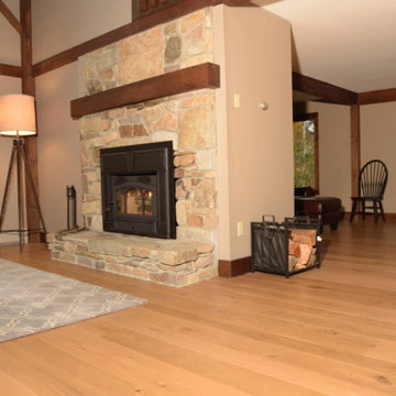 Character Oak Plank Flooring, Living Room with Stone Fireplace