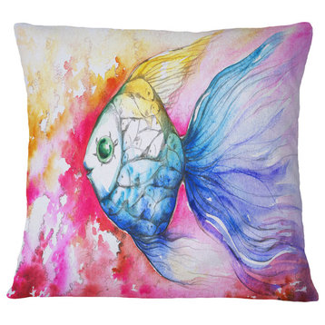 Blue Fish On Red Background Animal Throw Pillow, 16"x16"