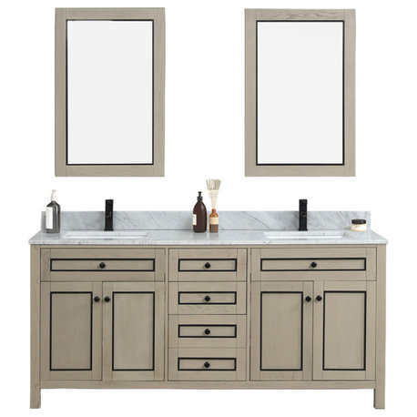 72" Light Oak Finish Vanity With Carrara White Top & Matte Black Metal Trim