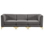 Meridian Furniture - Alina Velvet Upholstered 3-Piece Modular Sofa, Grey - Bring modern beauty to your space with the addition of this Alina Velvet Modular Sofa. This beautiful sofa features deep channel tufting to ramp up its visual interest and add to its resilient demeanor. Its soft grey velvet upholstery blends nicely with existing elements in your room and is sleek to the touch, making this seat a super comfortable one. Part of the modular Alina collection, this sofa has a latch that attaches it to other pieces to create your custom seating arrangement.