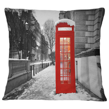 Red London Telephone Booth Cityscape Throw Pillow, 18"x18"