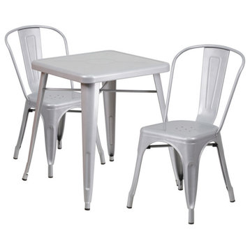 Commercial 23.75" Square Silver Metal Indoor-Outdoor Table Set, 2 Stack Chairs
