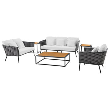 Lounge Sectional Sofa Chair Table Set, Aluminum, Modern, Outdoor, White