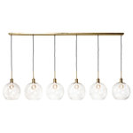 Harp and Finial - Luca Brass Pendant Large Brass Finished Metal Clear Glass Globes - The Luca Pendant light has a brass metal frame from which hangs a straight line of six bulbs within clear glass globe shades. The contrast of straight lines and spheres makes this pendant light stand out in any space. Though it works especially well in a dining room, you can enjoy the bright illumination and gleaming brass accents of this ceiling light in any part of your home.