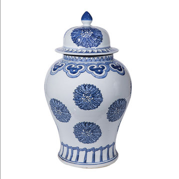 Blue And White Multi Flowers Porcelain Temple Jar