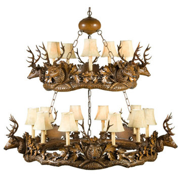 10 Small Stag Head 2 Tier Chandelier, Maple, Faux Leather Shades