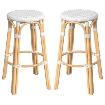 Home Square 30" Round Rattan Bar Stool in Glossy White - Set of 2