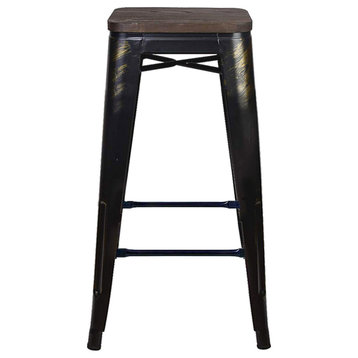 Antique Black Backless Metal Bar Stools, Dark Wooden Seat, Set of 1