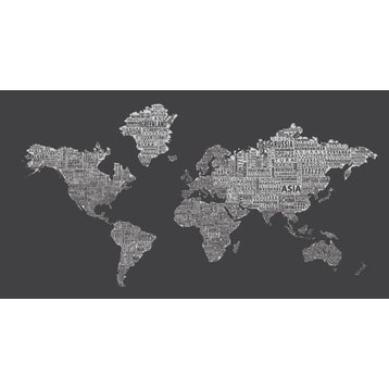 1-World Text Map Wall Mural, Inverse Grey, Wallpaper, 3 panel, 107x57"