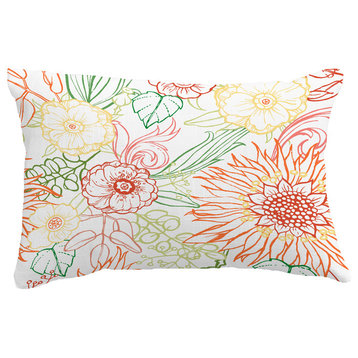 Zentangle 4 Color Floral Print Throw Pillow With Linen Texture, Orange, 14"x20"