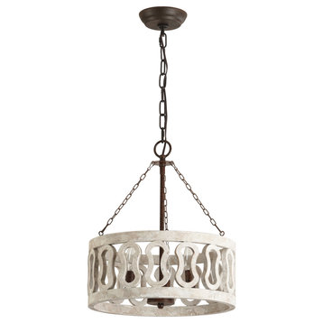 3 - Light Candle Style Drum chandelier with Wood Accents, White