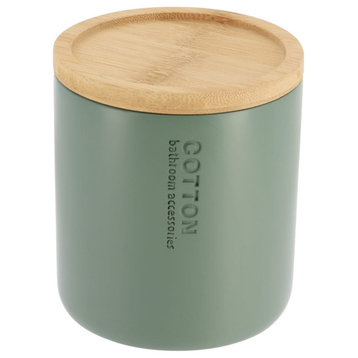 Chic Matte Green Cotton Swab Container With Natural Bamboo Lid Polyresin