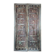 Consigned Antique Door Panels Teak Wood Rustic Doors Distressed Brass Medallion