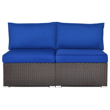 Costway 2PCS Patio Rattan Armless Sofa Sectional Furniture W/Navy Cushion