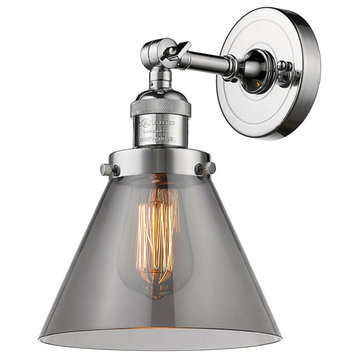 Large Cone 1-Light Sconce, Smoked Glass, Polished Chrome