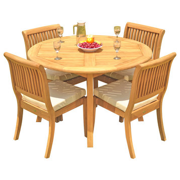 5-Piece Outdoor Teak Dining Set, 48" Round Table, 4 Arbor Stacking Chairs