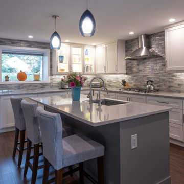 Transitional Two-Tone Kitchen | Shaker Cabinetry & Glass Mosaic Backsplash