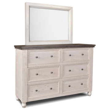 6 Drawer Double Dresser and Mirror Set - Distressed White and Brown Solid Wood