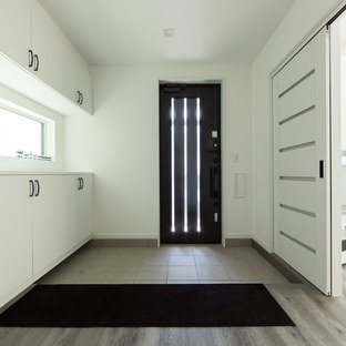 他の地域の片開きドアコンテンポラリースタイルのおしゃれな玄関ホール (白い壁、黒いドア、グレーの床) の写真