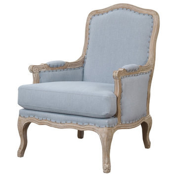 French Accent Chair, Distressed Wooden Frame With Light Blue Seat, Padded Arms