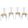 Industrial Metal Stackable Kitchen Dining Chair, White with Wood Seat, Set of 4