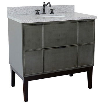37" Single Vanity, Linen Gray Finish With Gray Granite Top And Oval Sink