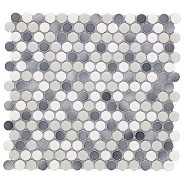 Pool Rated Mosaic Tile Handmade Porcelain Penny Round - Mix Grey Glossy