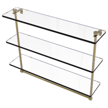 22" Triple Tiered Glass Shelf with Integrated Towel Bar, Unlacquered Brass