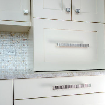 White Recessed Cabinet Kitchen Featuring Appliance Garage and Deep Drawers with