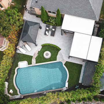 Aerial View of Custom Newmarket Backyard with Pool, Pergola & Fire Pit