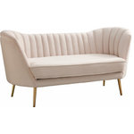 Meridian Furniture - Margo Velvet Upholstered Set, Cream, Loveseat - Lean back and lounge in luxurious style on this stunning Margo cream velvet loveseat by Meridian Furniture. This contemporary loveseat features plush velvet upholstery that is both classy and sumptuous against your skin, a single seat cushion and rounded arms that curve into a low, rounded back, creating a perfect, modern piece for your home. Gold stainless steel legs support this loveseat and provide stunning contrast to the loveseat's plush, cream fabric.