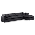 Meridian Furniture - Indulge Upholstered Modular L-Shaped Sectional, Black, 5-Piece: 2 Armless Chair, 2 Corner Chair, 1 Ottoman, Fiber Stuffed Vegan Leather - Experience ultimate comfort and style with our black vegan leather Indulge Sectional. The luxurious vegan leather will elevate the aesthetic of any room. This sofa provides ample space for you to relax while its modular build offers the option of unlimited configurations. Whether you're looking to add a stylish element to your living room or a comfortable seating option to your bedroom, this sofa is the perfect choice.
