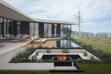 Design ideas for a large modern front yard patio in Perth with a fire feature, concrete slab and no cover.