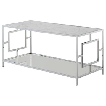 Town Square Chrome Coffee Table with Shelf White Faux Marble/Chrome