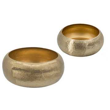 2-Piece Rounded Decorative Bowls, Gold Metal Hammered Texture, Wide Ingress