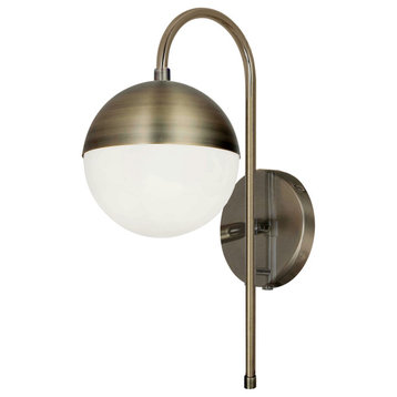 1 Light Halogen Sconce, Antique Brass with White Glass, Hardwire and Plug-In