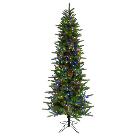 7.5' Carmel Pine Slim Artificial Christmas Tree, Multi-Color Led String Lights