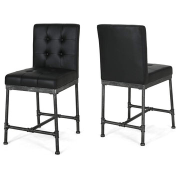 Set of 2 Counter Stool, Pipe Style Base and Button Tufted Faux Leather Seat, Bla