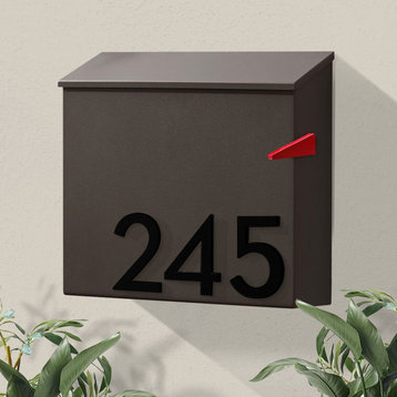 The Inbox Wall Mounted Mailbox  + House Numbers, Lock Included, Outgoing Flag, Brown, Black Font