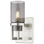 Innovations Lighting - Utopia 1 Light 8" Wall-mounted Sconce, Satin Nickel, Plated Smoke Glass - Modern and geometric design elements give the Utopia Collection a striking presence. This gorgeous fixture features a sharply squared off frame, softened by a round glass holder that secures a cylindrical glass shade.