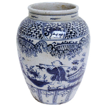 Vintage Style Blue and White Porcelain Fisherman Motif Flower Vase 12"