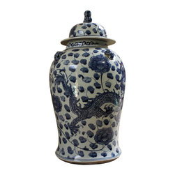 Chinese Blue & White Dragon Floral Theme Porcelain Large General Jar - Decorative Jars And Urns
